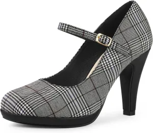 Allegra K Women's Houndstooth Platform Stiletto Heels Mary Janes Pumps