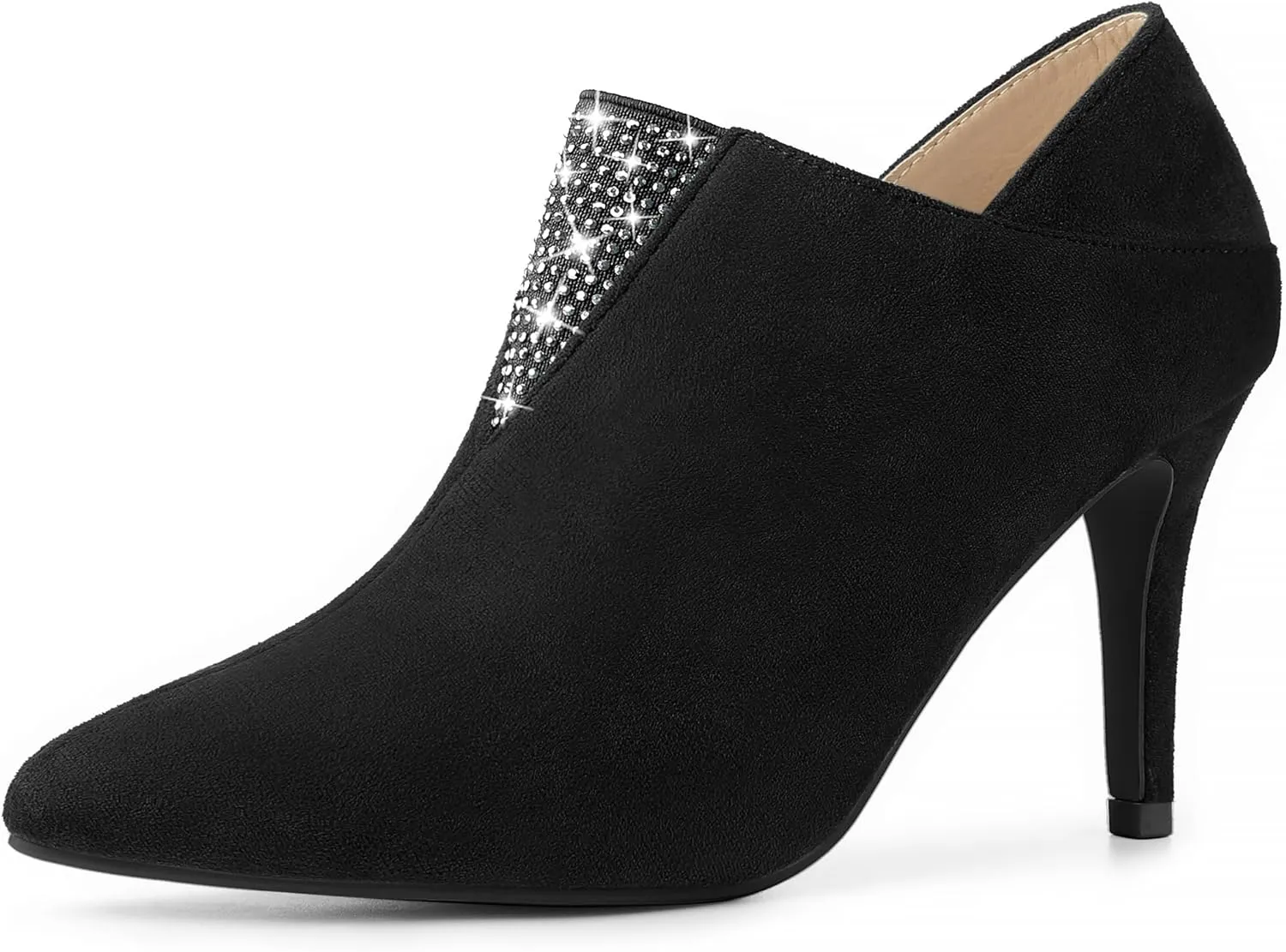 Allegra K Women's Pointed Toe Rhinestones Pull on Stiletto Heel Ankle Booties