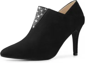 Allegra K Women's Pointed Toe Rhinestones Pull on Stiletto Heel Ankle Booties