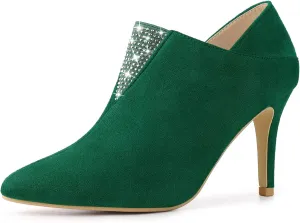 Allegra K Women's Pointed Toe Rhinestones Pull on Stiletto Heel Ankle Booties
