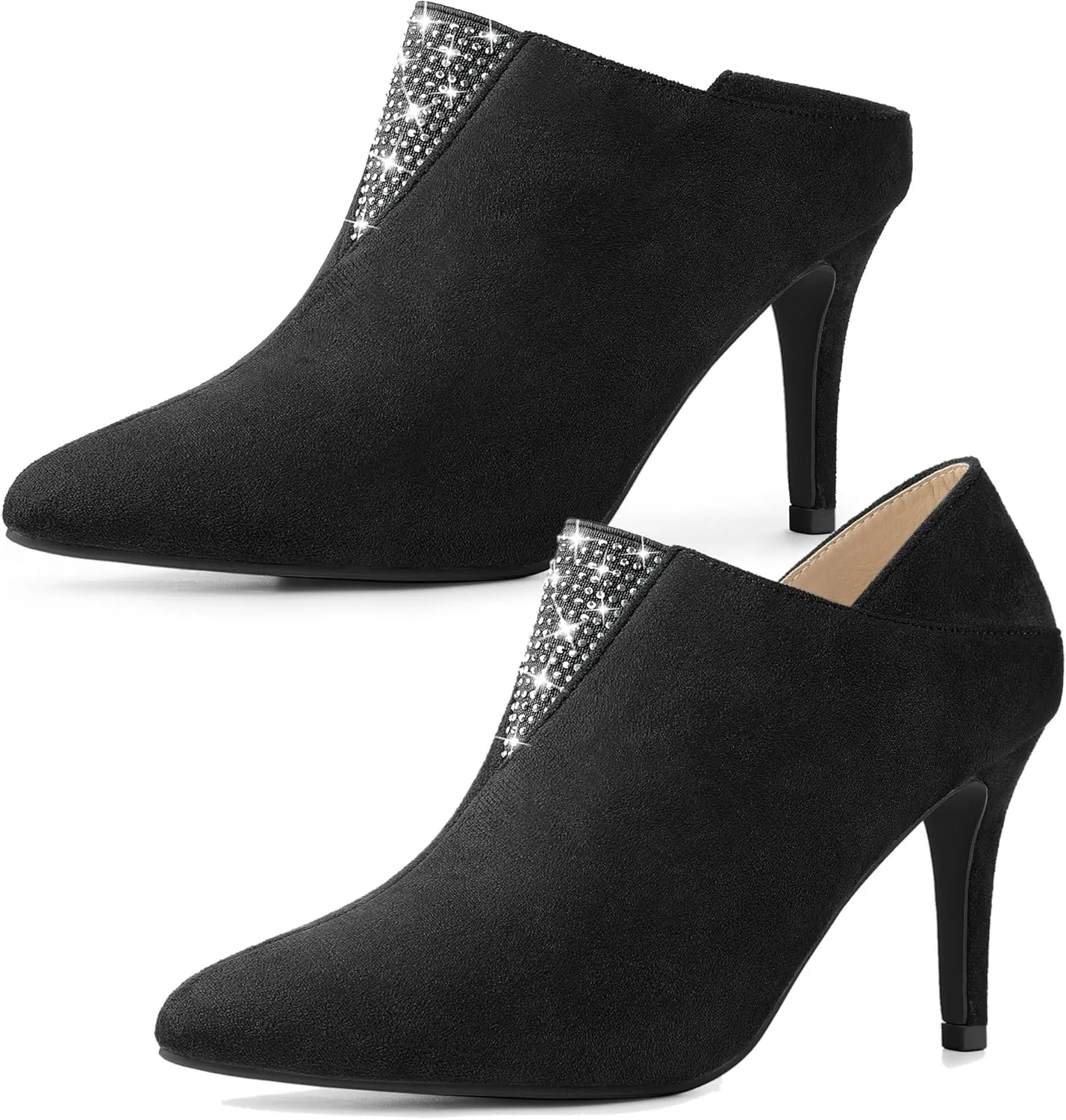 Allegra K Women's Pointed Toe Rhinestones Pull on Stiletto Heel Ankle Booties