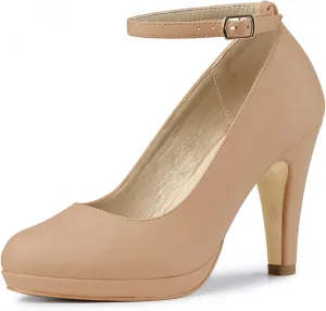 Allegra K Women's Round Toe Stiletto Heels Ankle Strap Nude Pumps - 6 M US