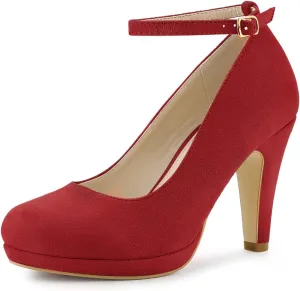 Allegra K Women's Round Toe Stiletto Heels Ankle Strap Red Pumps - 6.5 M US