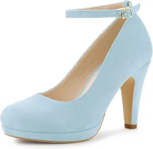 Allegra K Women's Round Toe Stiletto Heels Ankle Strap Sky Blue Pumps - 6.5 M US