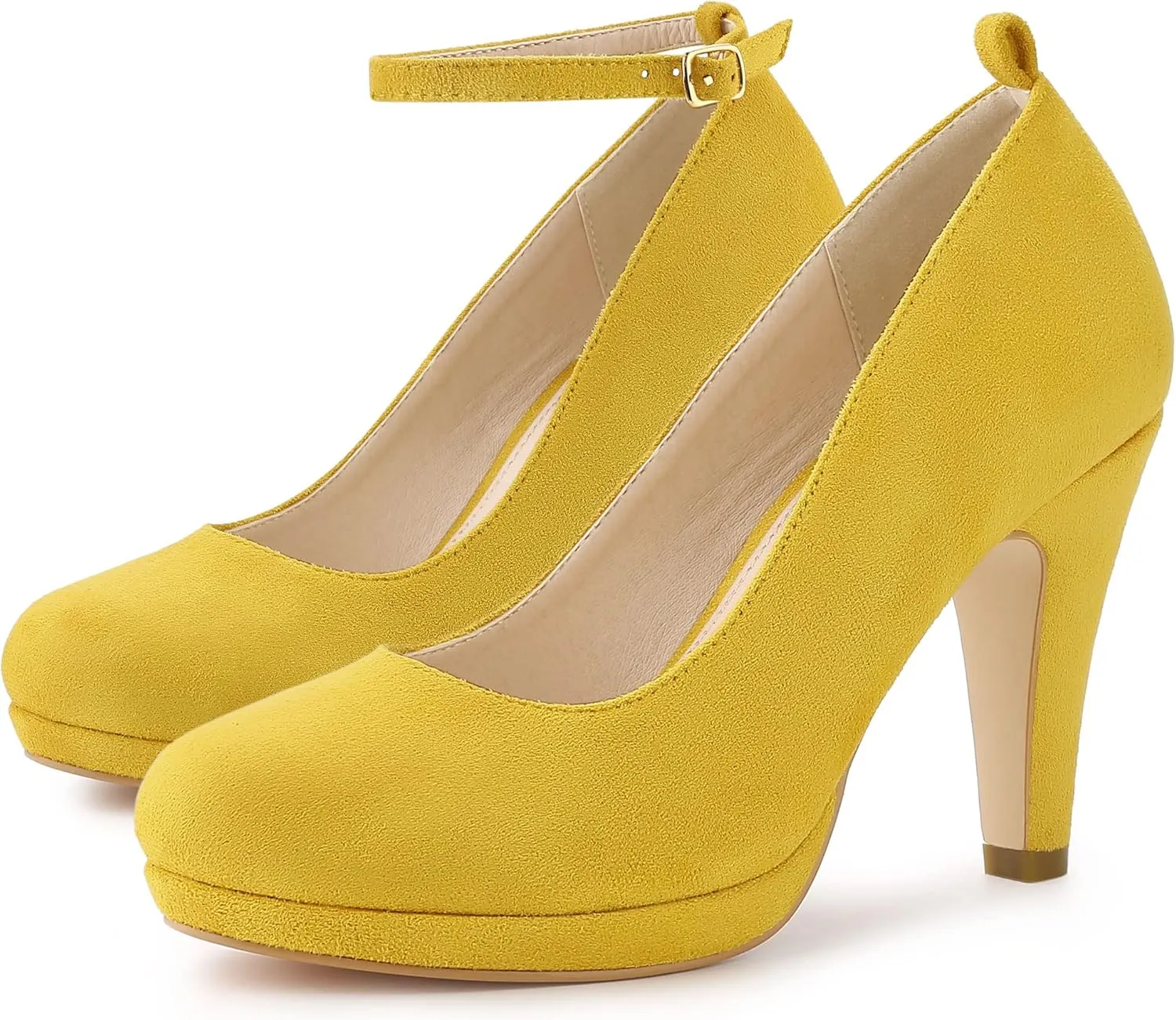 Allegra K Women's Round Toe Stiletto Heels Ankle Strap Yellow Pumps - 6 M US