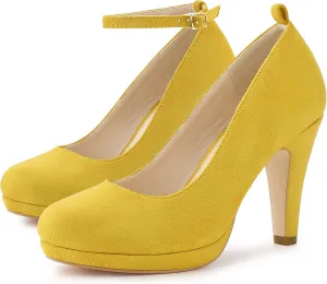 Allegra K Women's Round Toe Stiletto Heels Ankle Strap Yellow Pumps - 6 M US