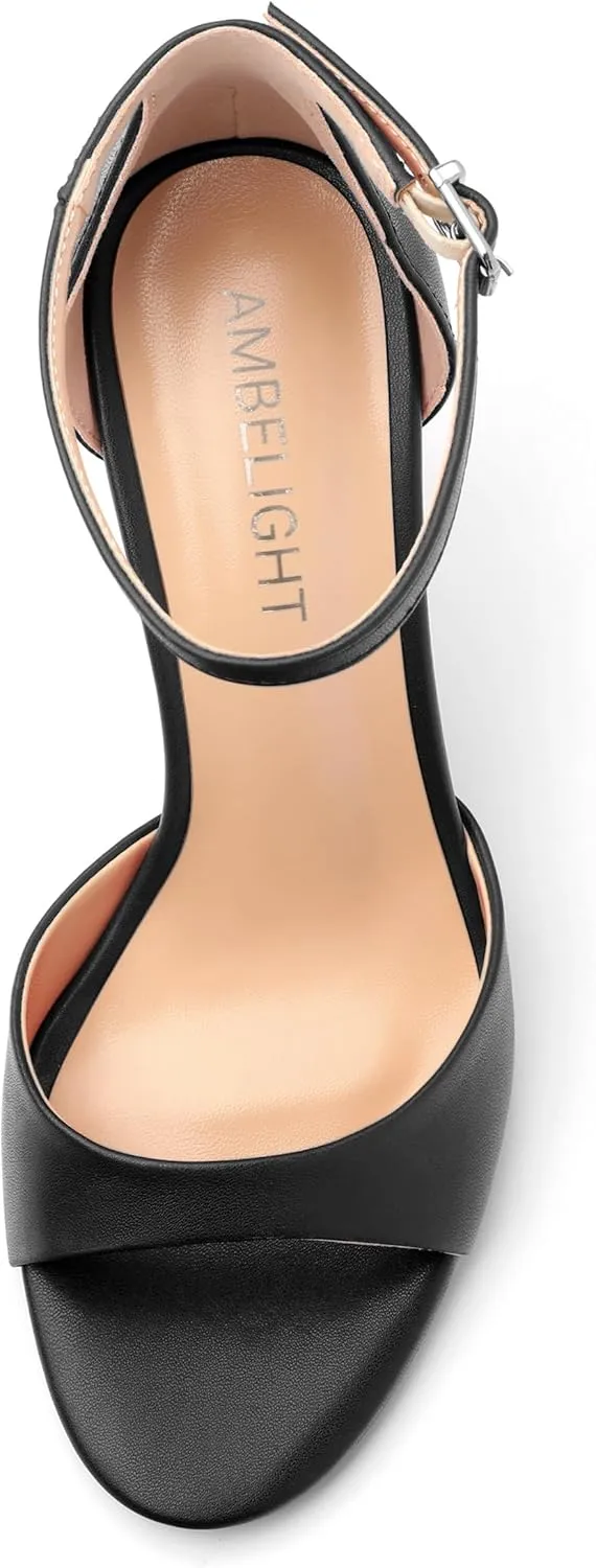 AMBELIGHT Women`s Stiletto High Round Open Toe Pumps Ankle Strap Buckle Peep Kitten Heels Sexy Dressy Sandals Wedding Evening Party Summer Shoes For Women 3.5 Inch