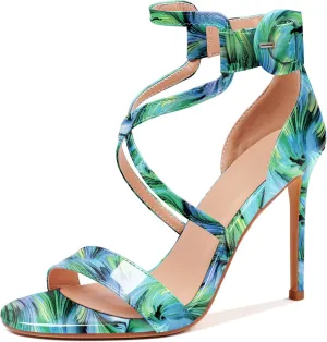 AUMOTED Women Heeled Sandals Stilettos High Heels Solid Patent Open Toe Sandals Criss Cross Ankle Strap Summer Shoes 4 Inch
