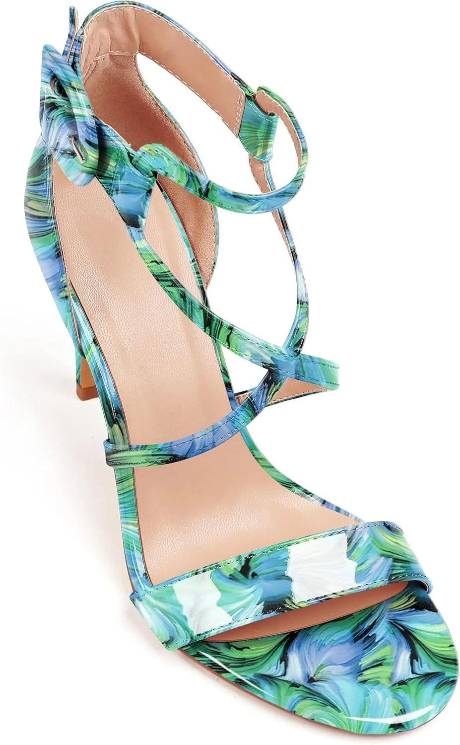 AUMOTED Women Heeled Sandals Stilettos High Heels Solid Patent Open Toe Sandals Criss Cross Ankle Strap Summer Shoes 4 Inch
