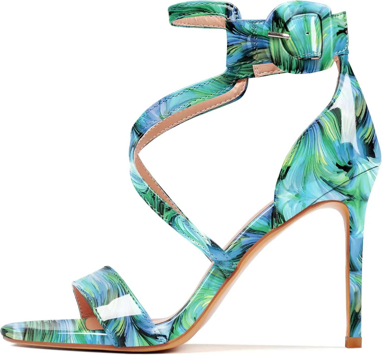 AUMOTED Women Heeled Sandals Stilettos High Heels Solid Patent Open Toe Sandals Criss Cross Ankle Strap Summer Shoes 4 Inch