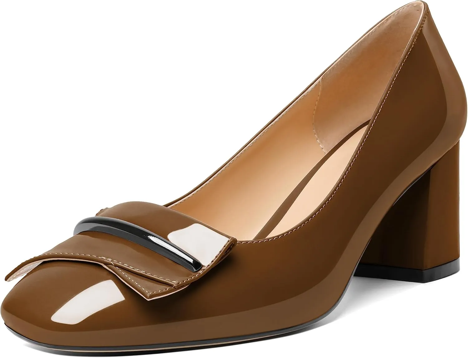 AUMOTED Women's Chunky Block Heel Pumps Closed Square Toe Slip On Patent Buckle Bow Pumps Heels Ladies Work Office Dress Shoes 2.5 Inches