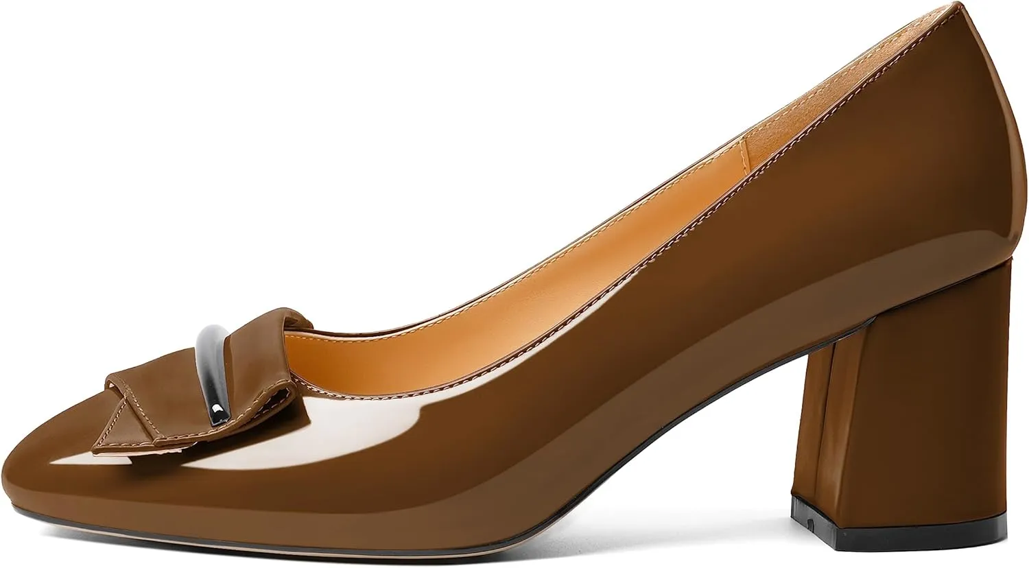 AUMOTED Women's Chunky Block Heel Pumps Closed Square Toe Slip On Patent Buckle Bow Pumps Heels Ladies Work Office Dress Shoes 2.5 Inches
