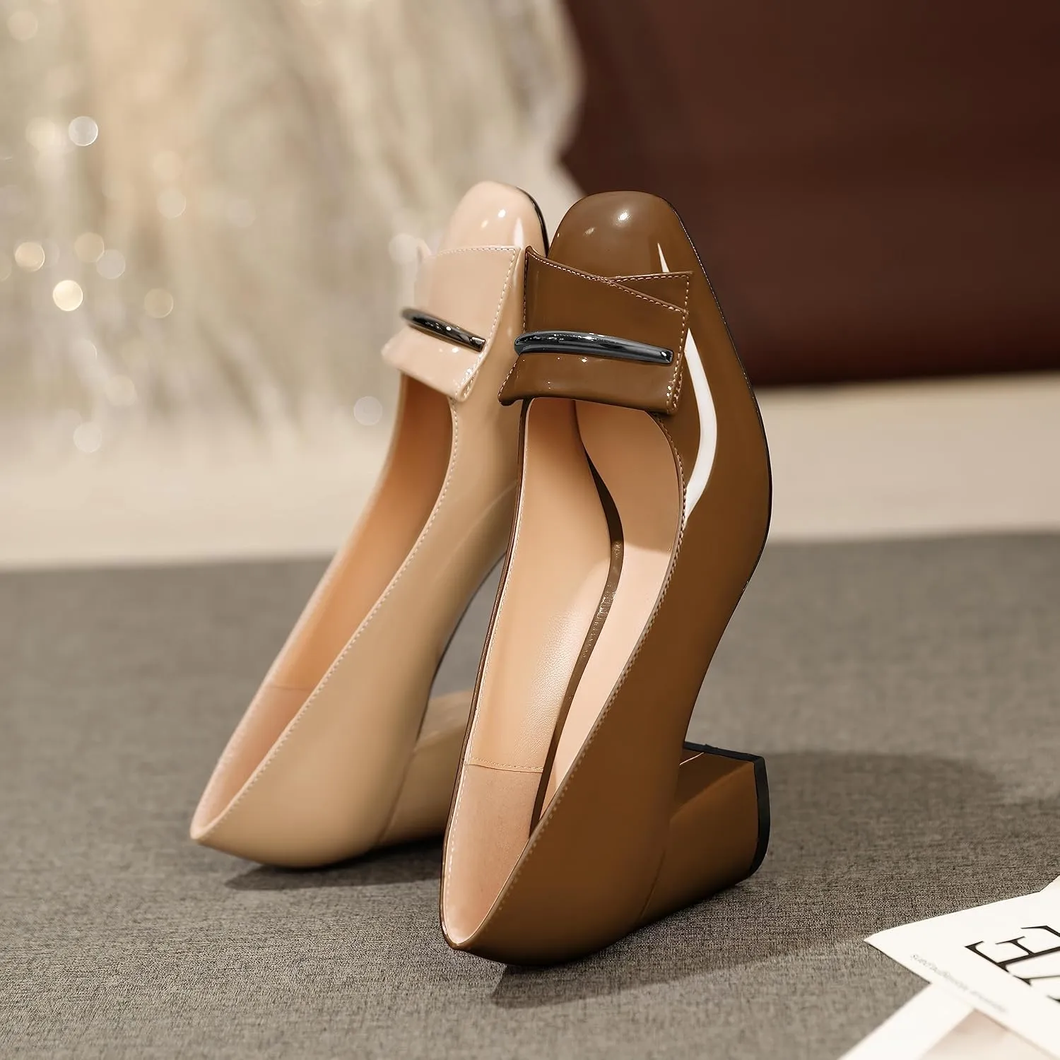 AUMOTED Women's Chunky Block Heel Pumps Closed Square Toe Slip On Patent Buckle Bow Pumps Heels Ladies Work Office Dress Shoes 2.5 Inches