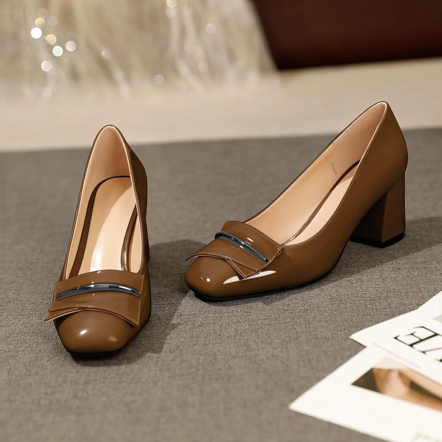 AUMOTED Women's Chunky Block Heel Pumps Closed Square Toe Slip On Patent Buckle Bow Pumps Heels Ladies Work Office Dress Shoes 2.5 Inches