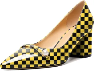 AUMOTED Women's Chunky Block Heel Pumps Pointed Toe Slip On Chunky Pearl Heels Ladies Work Office Dress Shoes 2.5 Inches