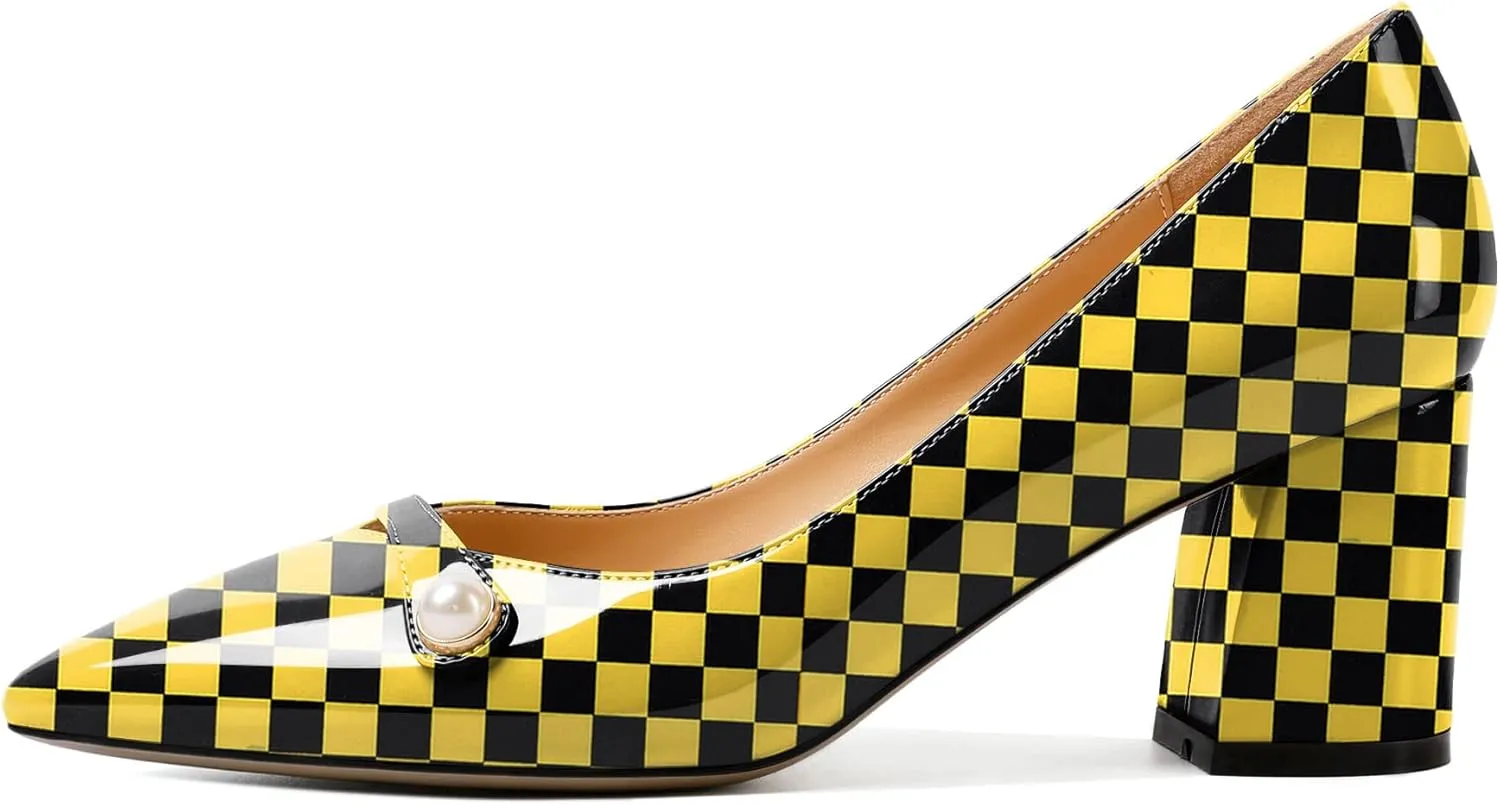 AUMOTED Women's Chunky Block Heel Pumps Pointed Toe Slip On Chunky Pearl Heels Ladies Work Office Dress Shoes 2.5 Inches