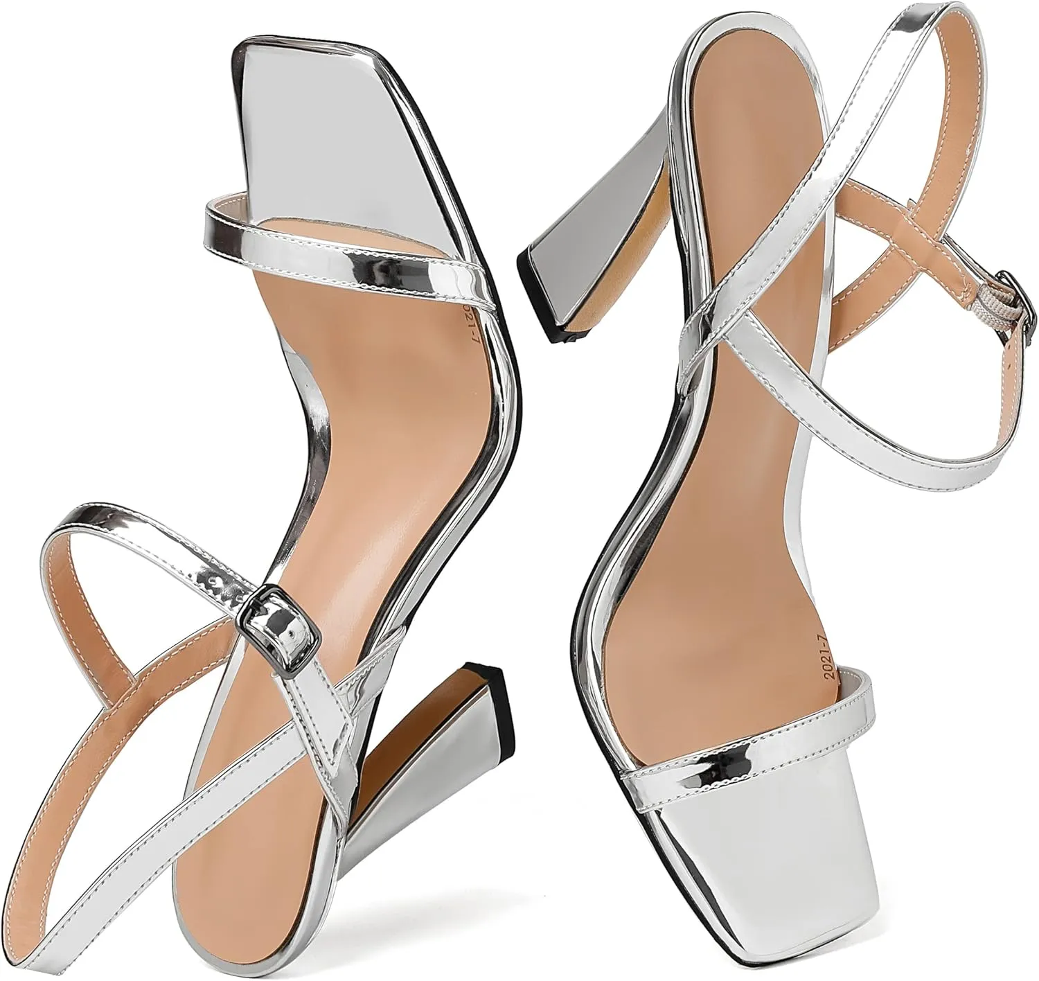 AUMOTED Womens Sandals Stiletto High Heel Open Square Toe Heeled Sandals Strappy Ankle Strap Patent Summer Wedding Party Shoes 4 Inch