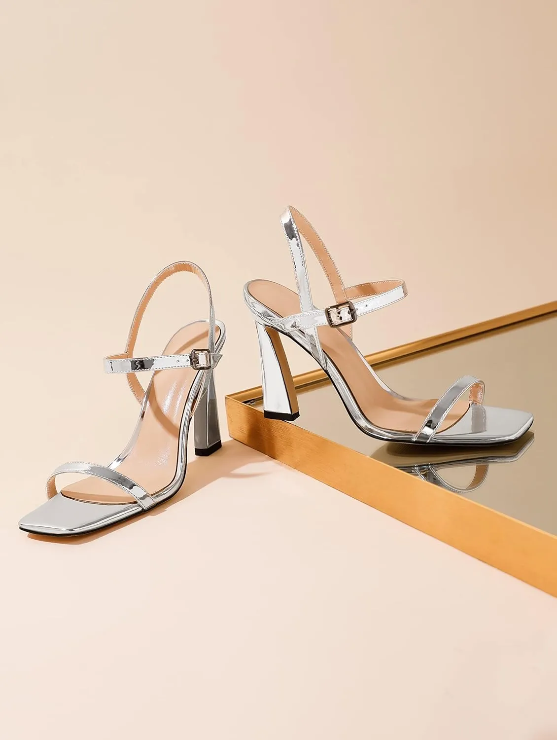 AUMOTED Womens Sandals Stiletto High Heel Open Square Toe Heeled Sandals Strappy Ankle Strap Patent Summer Wedding Party Shoes 4 Inch