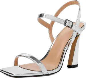 AUMOTED Womens Sandals Stiletto High Heel Open Square Toe Heeled Sandals Strappy Ankle Strap Patent Summer Wedding Party Shoes 4 Inch
