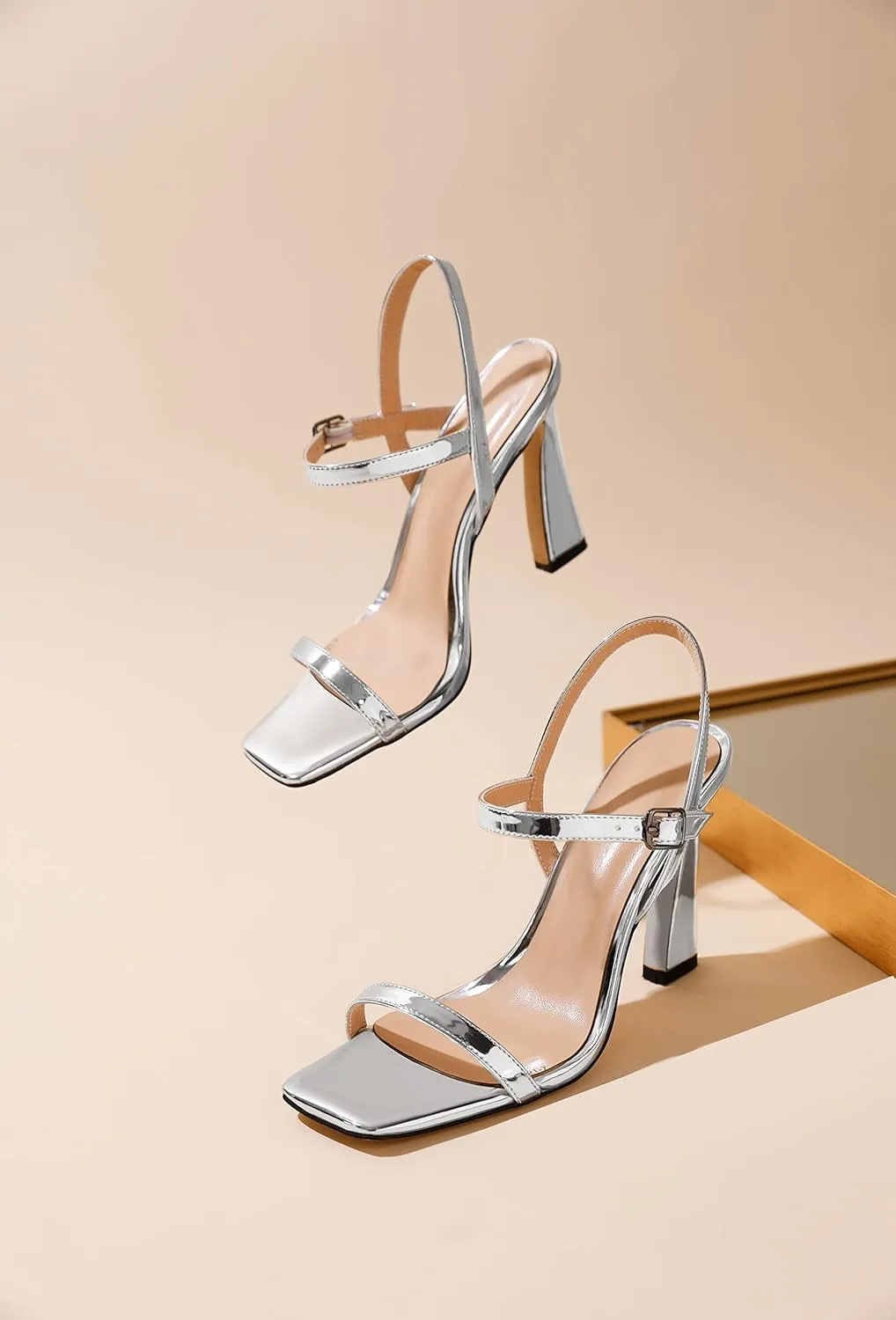 AUMOTED Womens Sandals Stiletto High Heel Open Square Toe Heeled Sandals Strappy Ankle Strap Patent Summer Wedding Party Shoes 4 Inch