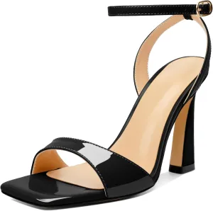 AUMOTED Womens Strappy Sandals Stilettos High Heel Square Open Toe Sandals Ankle Strap Patent Summer Flared Heeled Sandals 4 Inch