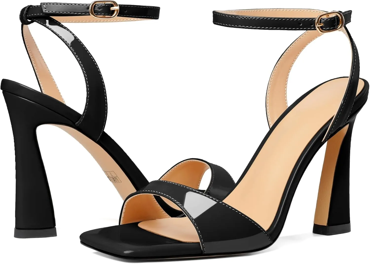 AUMOTED Womens Strappy Sandals Stilettos High Heel Square Open Toe Sandals Ankle Strap Patent Summer Flared Heeled Sandals 4 Inch