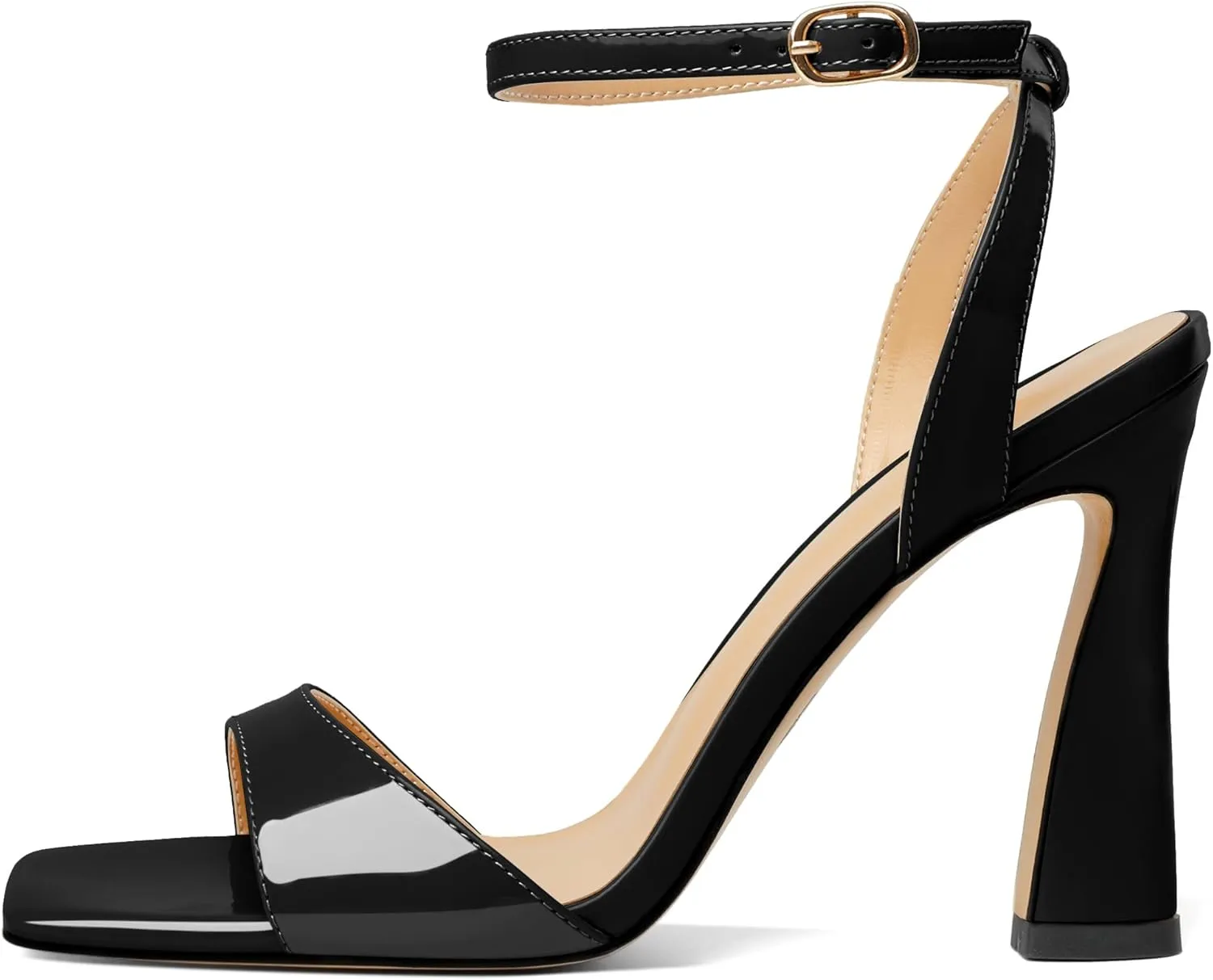 AUMOTED Womens Strappy Sandals Stilettos High Heel Square Open Toe Sandals Ankle Strap Patent Summer Flared Heeled Sandals 4 Inch