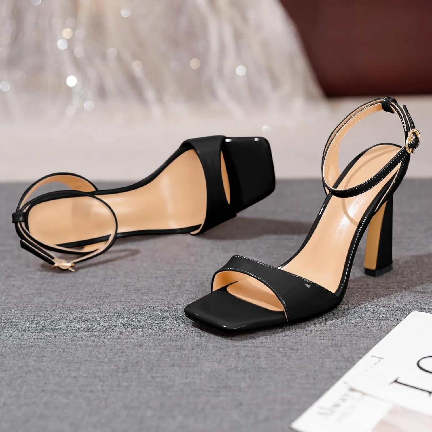 AUMOTED Womens Strappy Sandals Stilettos High Heel Square Open Toe Sandals Ankle Strap Patent Summer Flared Heeled Sandals 4 Inch