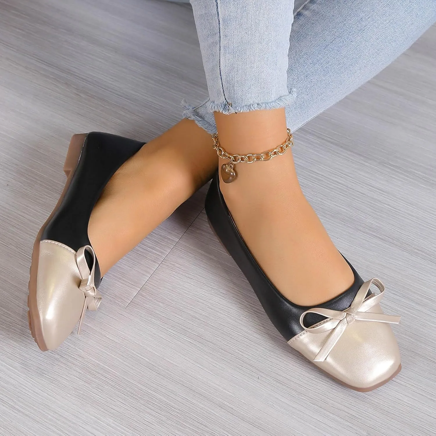Ballet Shoes for Women Square Toe Dress Shoes Slip-On Flats Business Casual Shoes Bowknot Office Shoes Loafers