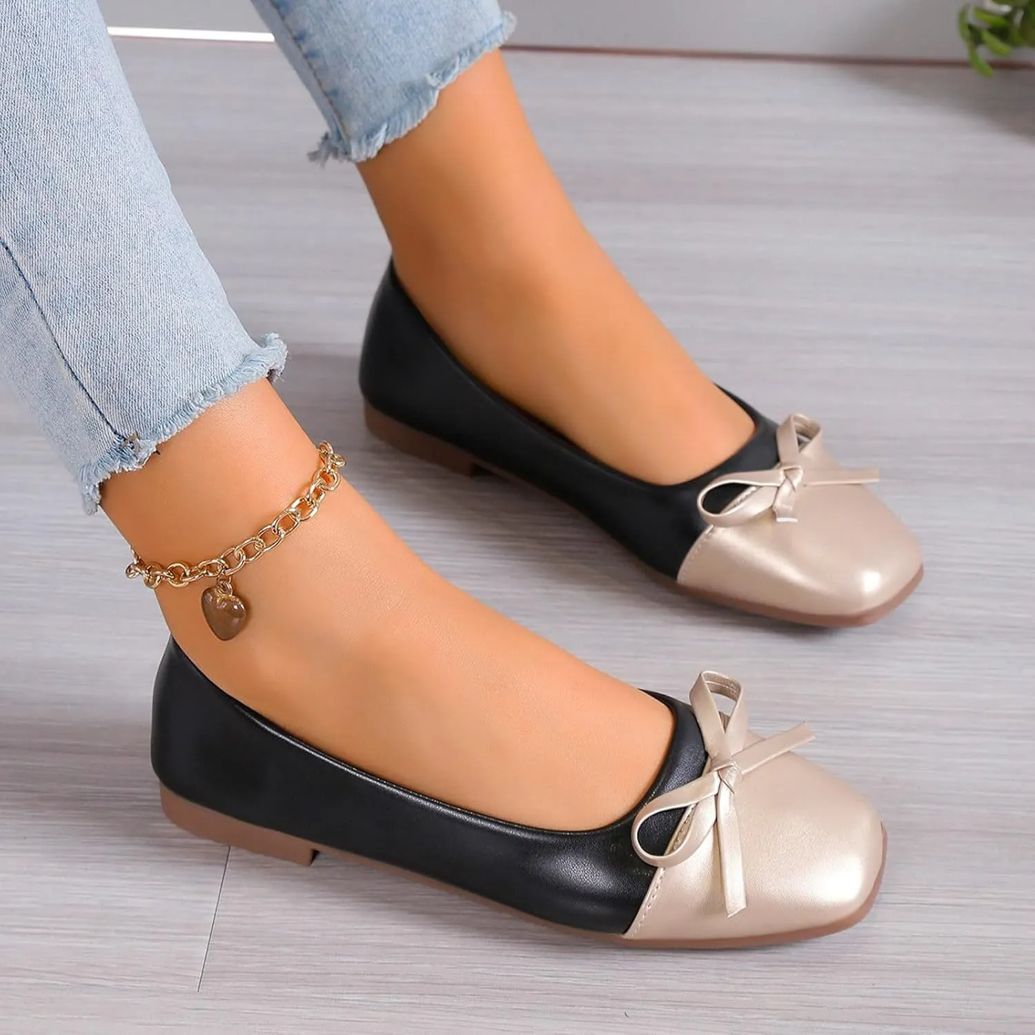 Ballet Shoes for Women Square Toe Dress Shoes Slip-On Flats Business Casual Shoes Bowknot Office Shoes Loafers