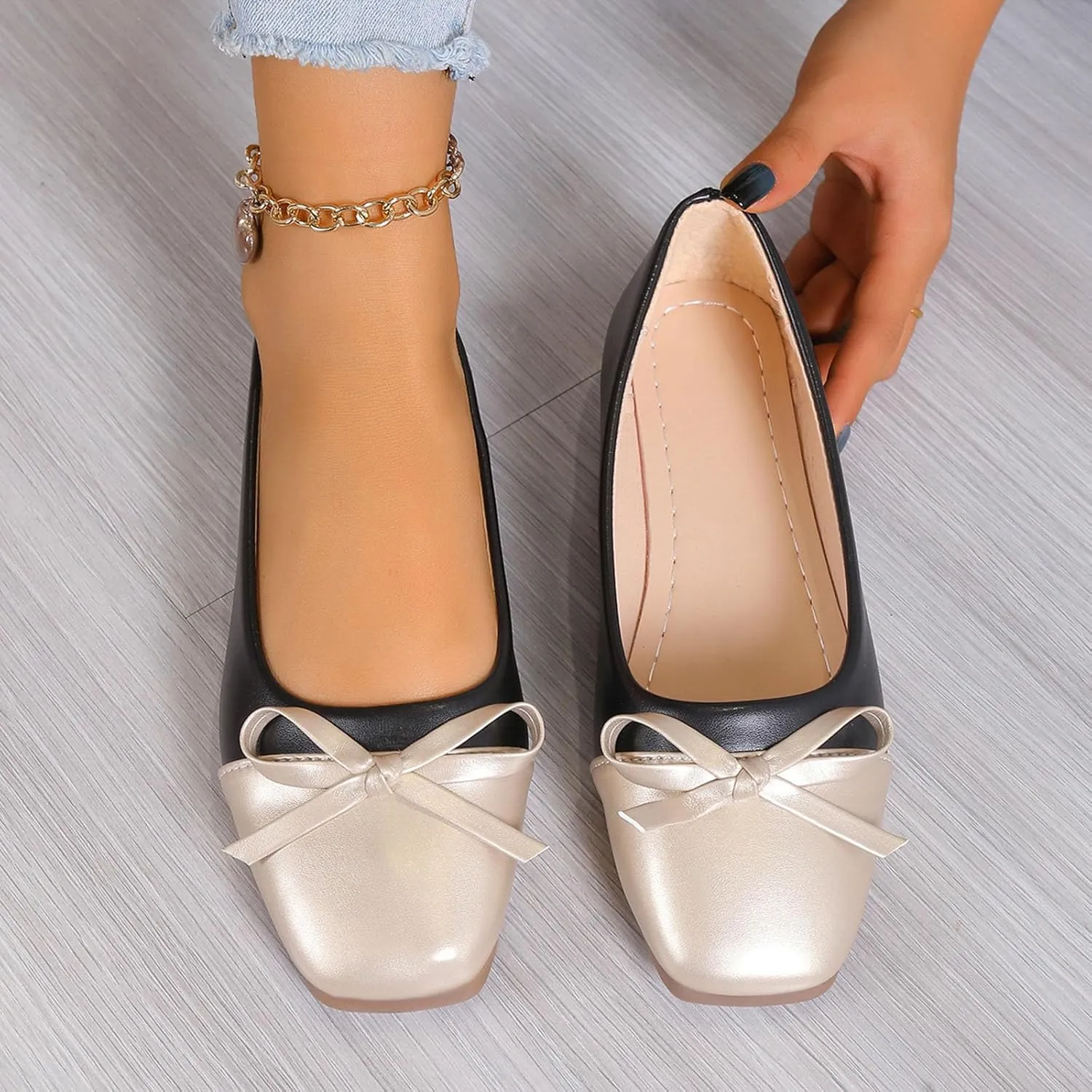 Ballet Shoes for Women Square Toe Dress Shoes Slip-On Flats Business Casual Shoes Bowknot Office Shoes Loafers