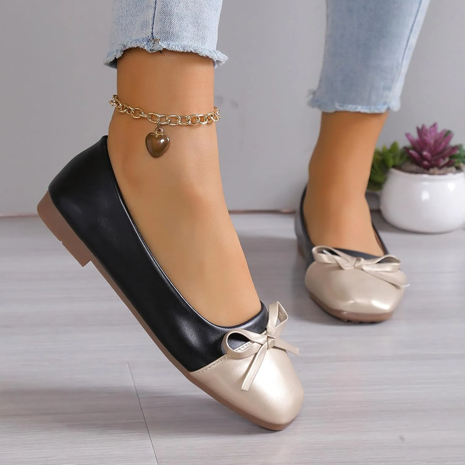 Ballet Shoes for Women Square Toe Dress Shoes Slip-On Flats Business Casual Shoes Bowknot Office Shoes Loafers
