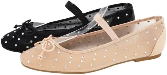 BAMBOO Women's Studded Mesh Ballet Flats with Bow Detail