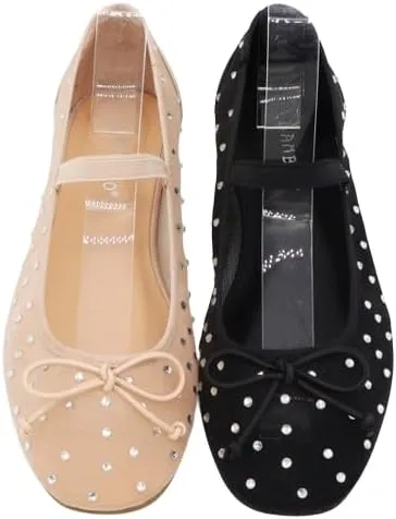 BAMBOO Women's Studded Mesh Ballet Flats with Bow Detail