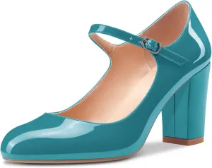 Castamere Women Mid Chunky Block Heel Round Toe Pumps Mary Jane Ankle Strap Office Party Dress Shoes 3.3 Inches Heels