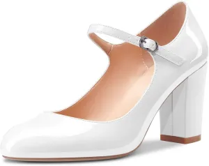 Castamere Women Mid Chunky Block Heel Round Toe Pumps Mary Jane Ankle Strap Office Party Dress Shoes 3.3 Inches Heels