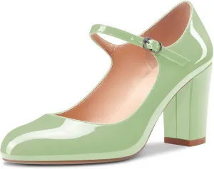 Castamere Women Mid Chunky Block Heel Round Toe Pumps Mary Jane Ankle Strap Office Party Dress Shoes 3.3 Inches Heels