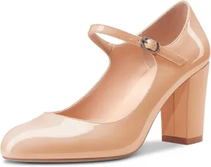 Castamere Women Mid Chunky Block Heel Round Toe Pumps Mary Jane Ankle Strap Office Party Dress Shoes 3.3 Inches Heels
