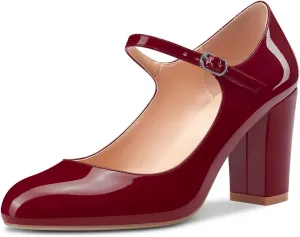 Castamere Women Mid Chunky Block Heel Round Toe Pumps Mary Jane Ankle Strap Office Party Dress Shoes 3.3 Inches Heels