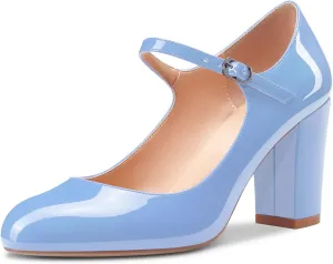 Castamere Women Mid Chunky Block Heel Round Toe Pumps Mary Jane Ankle Strap Office Party Dress Shoes 3.3 Inches Heels