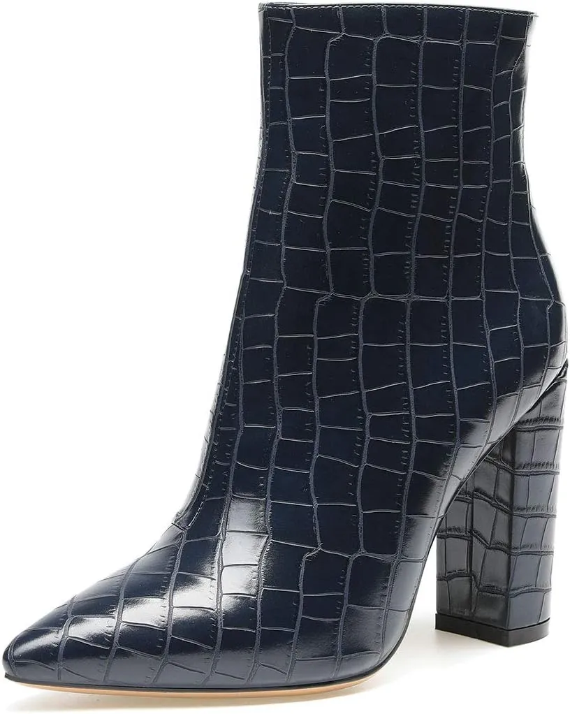 Castamere Womens High Block Heels Ankle Boots Pointed Toe Slip-on Boot with Zipper 10CM Heels