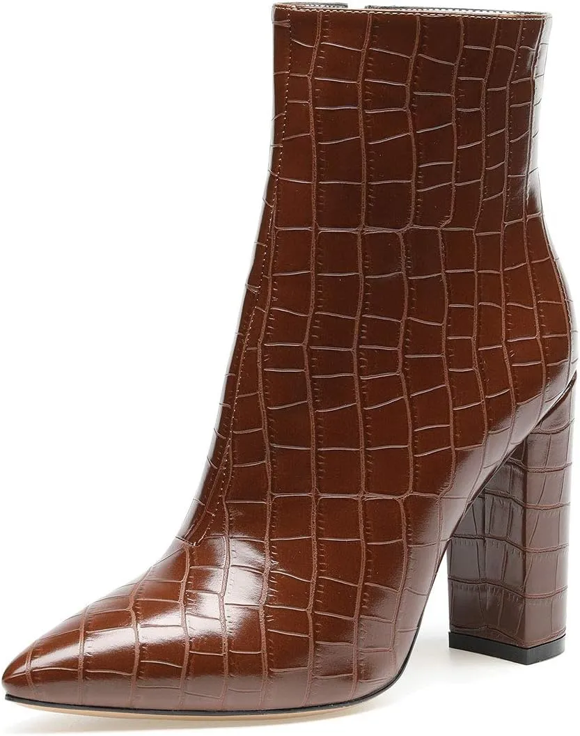 Castamere Womens High Block Heels Ankle Boots Pointed Toe Slip-on Boot with Zipper 10CM Heels