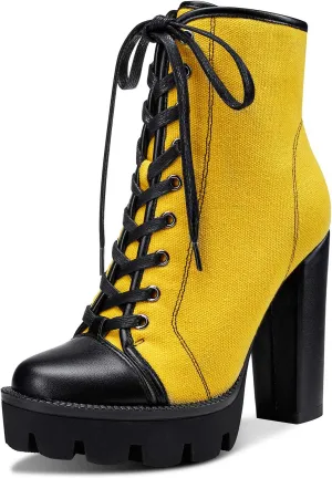 Castamere Womens High Heel Platform Lace Up Booties Chunky Heel Ankle Boots With Zipper Round Toe 12CM Heels