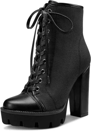 Castamere Womens High Heel Platform Lace Up Booties Chunky Heel Ankle Boots With Zipper Round Toe 12CM Heels