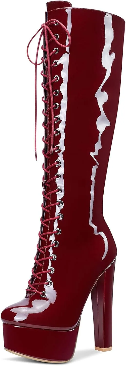 Castamere Womens High Heel Platform Lace Up Boots Chunky Heel Mid-Calf Boot with Zipper Round Toe 6 Inch Heels