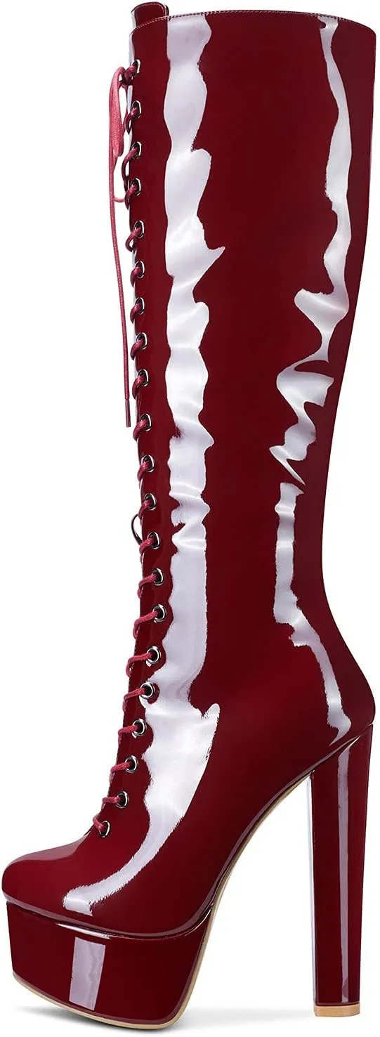 Castamere Womens High Heel Platform Lace Up Boots Chunky Heel Mid-Calf Boot with Zipper Round Toe 6 Inch Heels