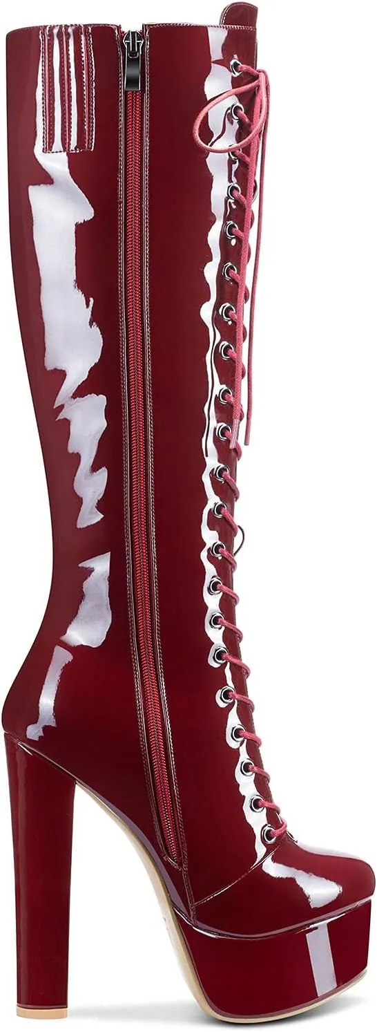 Castamere Womens High Heel Platform Lace Up Boots Chunky Heel Mid-Calf Boot with Zipper Round Toe 6 Inch Heels