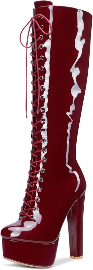 Castamere Womens High Heel Platform Lace Up Boots Chunky Heel Mid-Calf Boot with Zipper Round Toe 6 Inch Heels