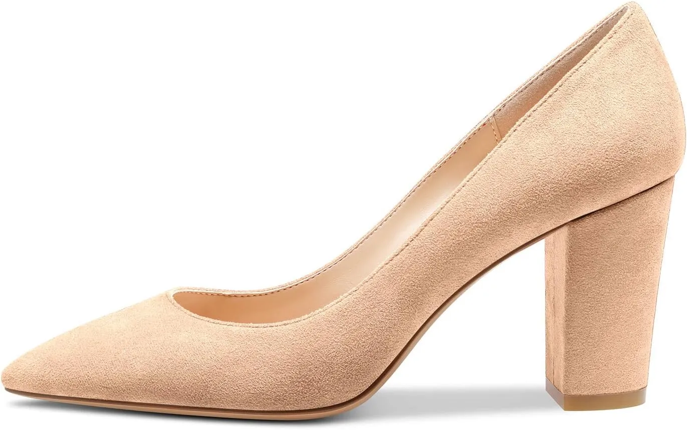 Castamere Womens Mid Chunky Block Heel Pointed Toe Slip-on Office Pumps Wedding Dress Cute Classic Shoes 3" Heels