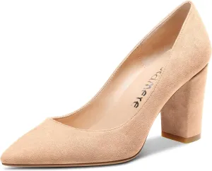 Castamere Womens Mid Chunky Block Heel Pointed Toe Slip-on Office Pumps Wedding Dress Cute Classic Shoes 3" Heels